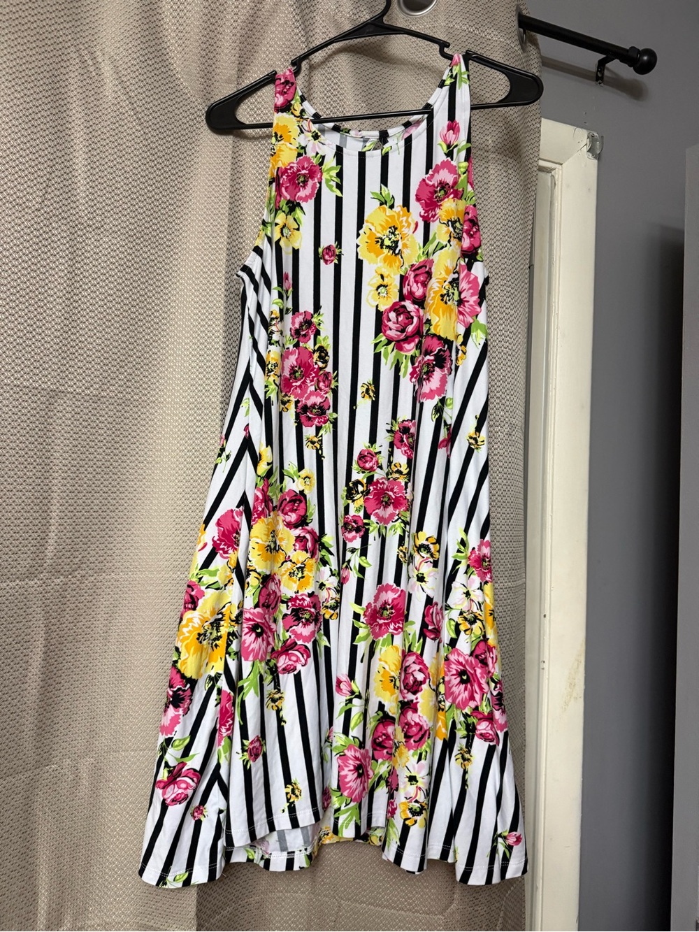 Bobbie Brooks Black & White Stripe Midi Dress with Pink and Yellow Floral Print